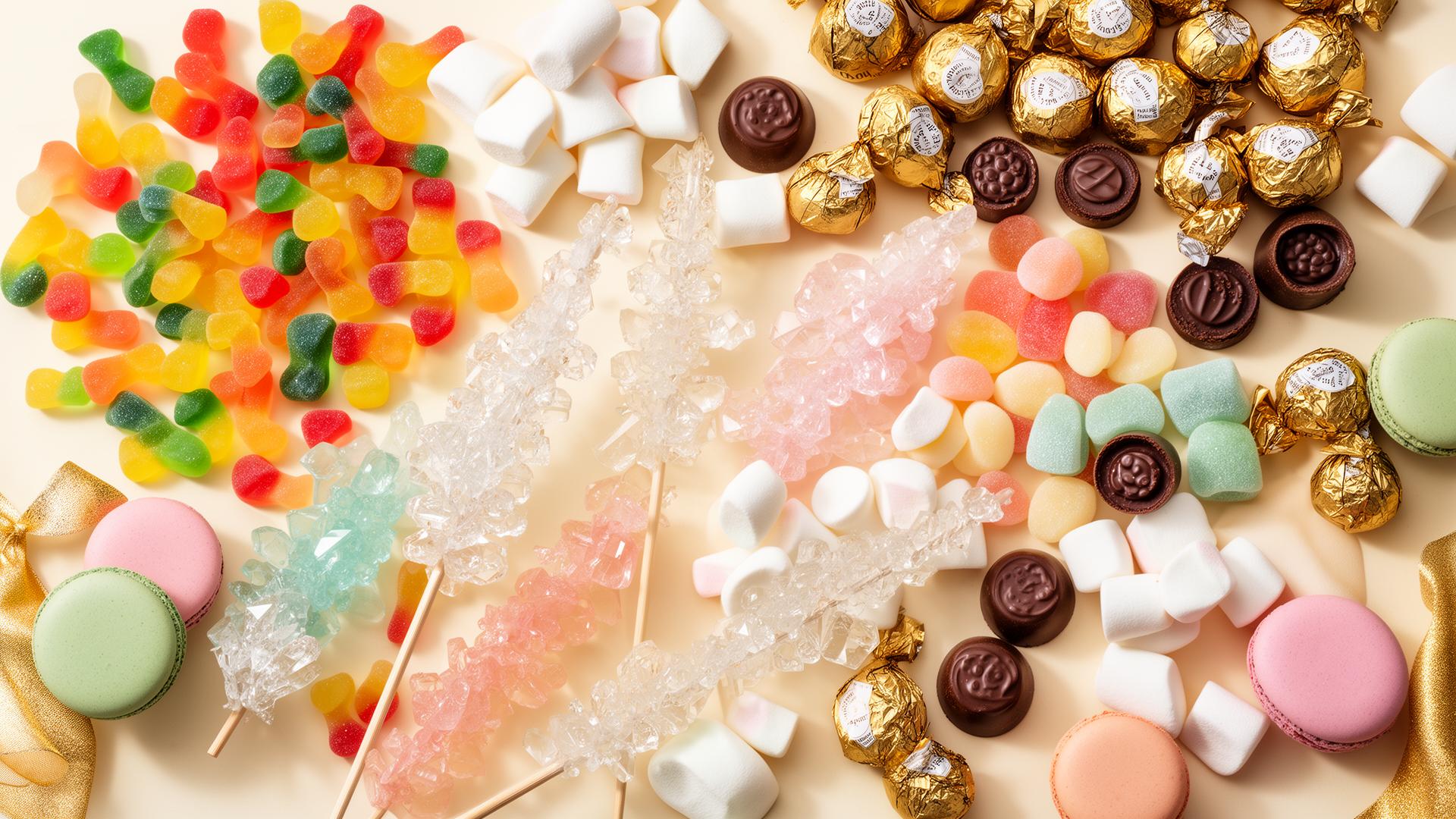 Curated assortment of luxury candies, chocolates and rock candy